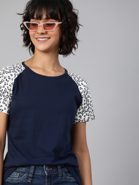 

HERE&NOW Women Navy Blue Solid Round Neck T-shirt With Contrast Sleeves