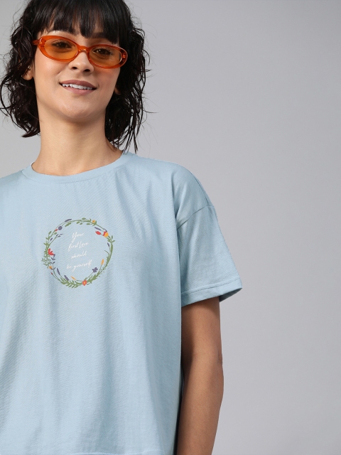 

HERE&NOW Women Blue Printed Round Neck T-shirt