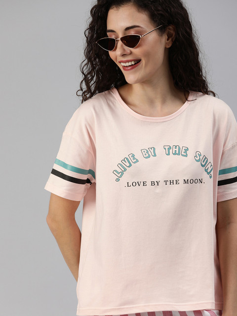 

HERENOW Women Pink Printed Boxy Round Neck Pure Cotton T-shirt