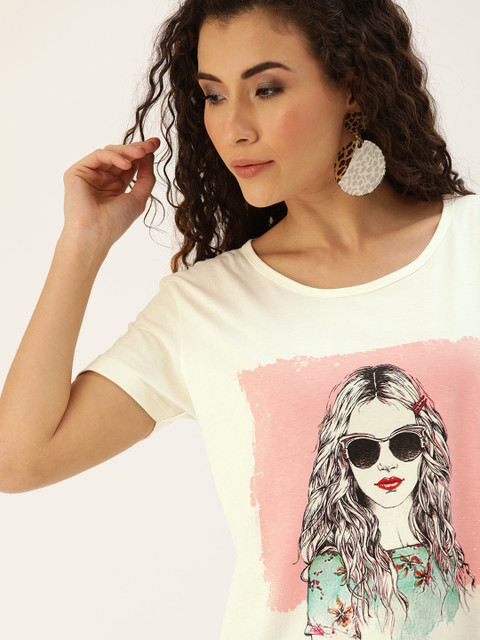 

Moda Rapido Women Off-White Graphic Printed Round Neck T-shirt