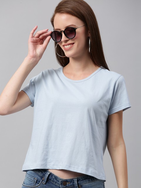 

HERE&NOW Women Blue Solid Round Neck Crop T-shirt