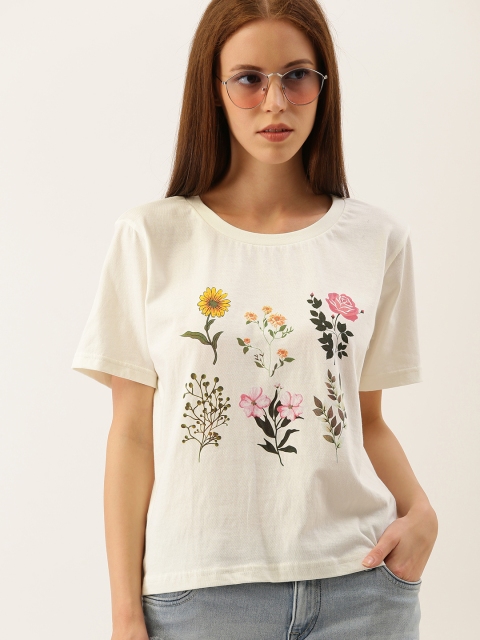 Women Off-White Floral Printed Round Neck Pure Cotton T-shirt