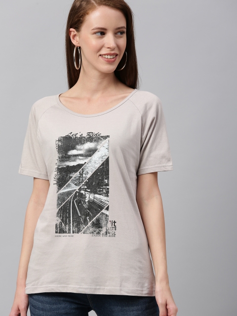 

HERE&NOW Women Grey Printed Round Neck T-shirt