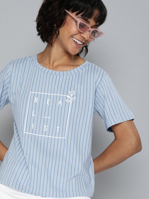 

HERENOW Women Blue Striped Round Neck Pure Cotton T-shirt with Printed Detail