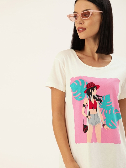 

Moda Rapido Women Off-White Graphic Printed Round Neck T-shirt