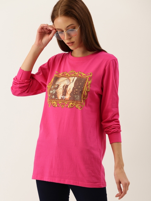 

Moda Rapido Women Pink Printed Round Neck Longline T-shirt