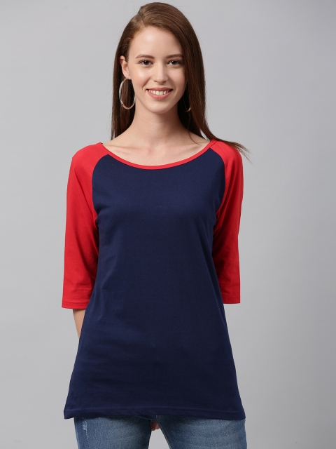 

HERE&NOW Women Navy Blue Solid Round Neck T-shirt With Colourblock Sleeves