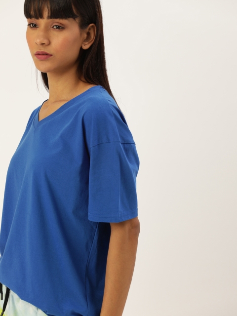 

Moda Rapido Women Blue Solid V-Neck Drop-Shoulder T-shirt