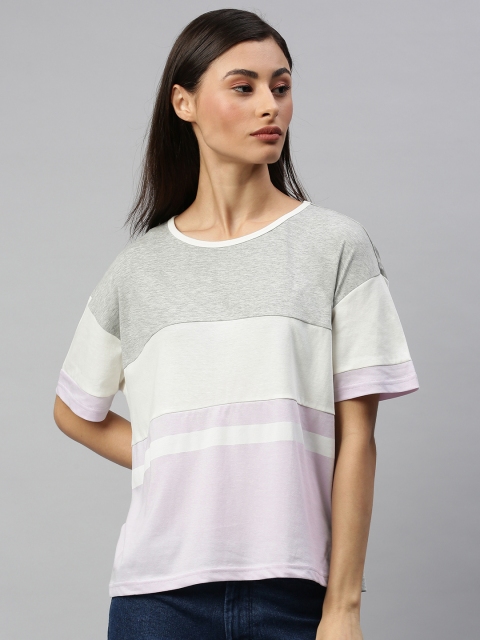 

HERE&NOW Women Grey & Lavender Colourblocked Round Neck T-shirt