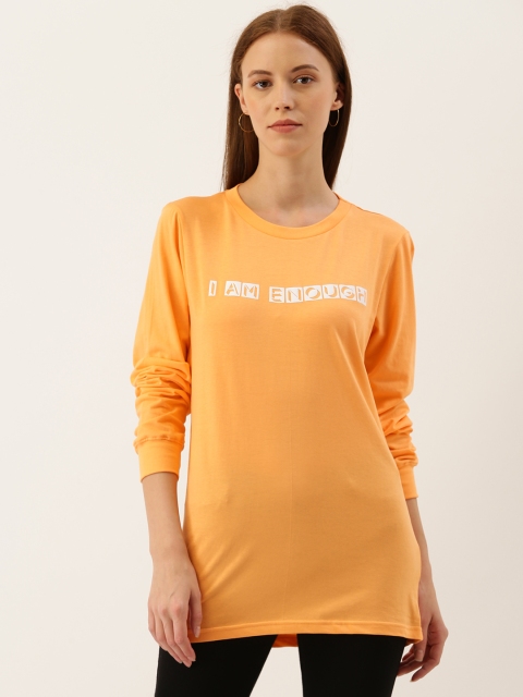 

Moda Rapido Women Orange Printed Round Neck Longline T-shirt