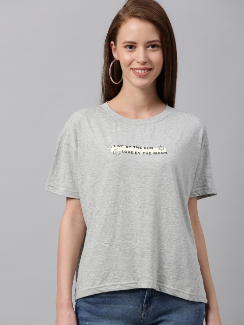 

HERE&NOW Women Grey Melange Printed Round Neck Boxy T-shirt