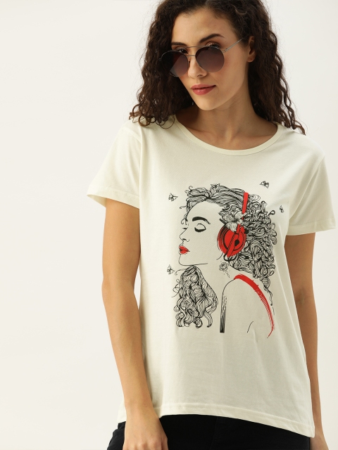 

Moda Rapido Women Off-White & Black Printed Round Neck T-shirt