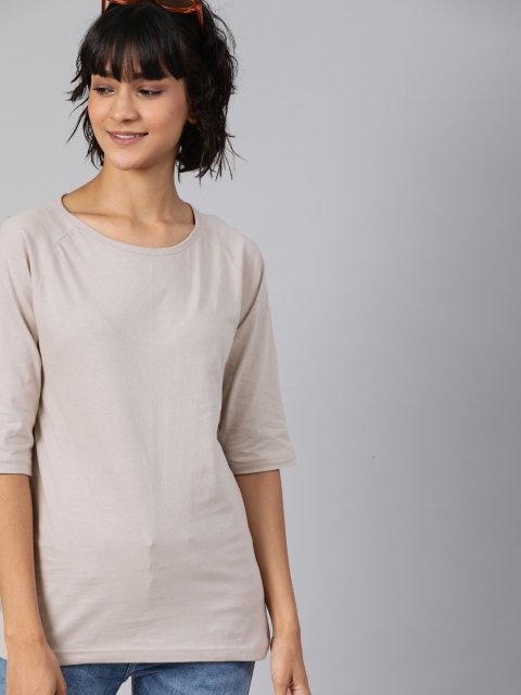 

HERE&NOW Women Grey Solid Round Neck T-shirt