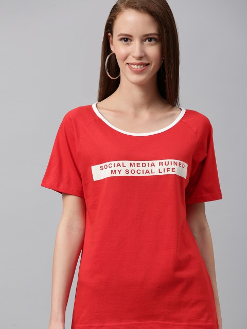 

HERE&NOW Women Red Printed Round Neck T-shirt