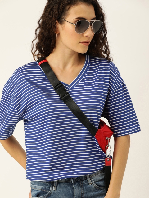 

Moda Rapido Women Blue & White Striped Round Neck Longline T-shirt