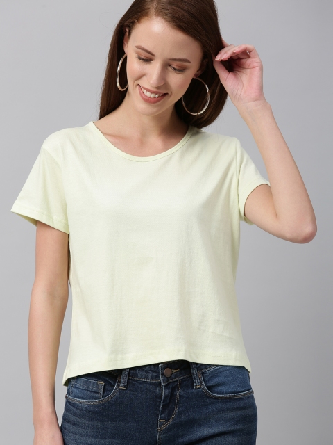 

HERE&NOW Women Lime Green Solid Round Neck T-shirt