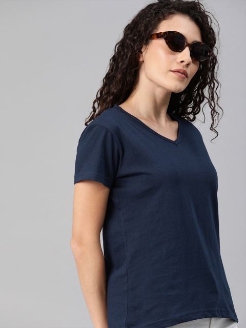 

HERE&NOW Women Navy Blue Solid V-Neck T-shirt