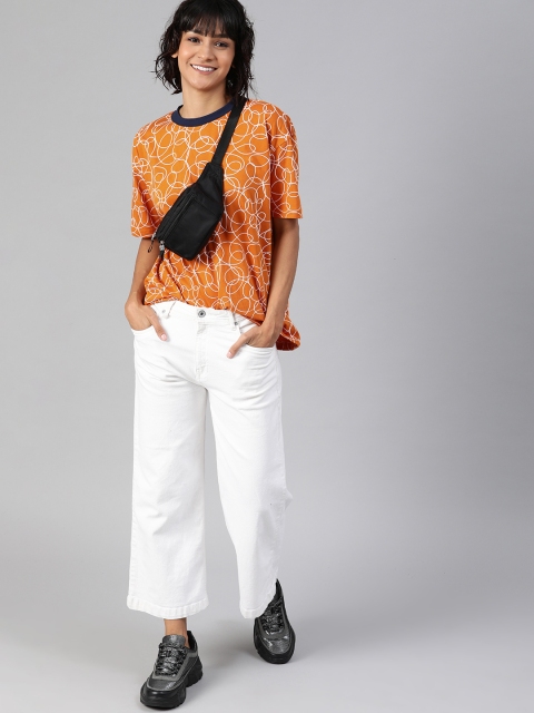 

HERE&NOW Women Orange & White Abstract Printed Round Neck T-shirt
