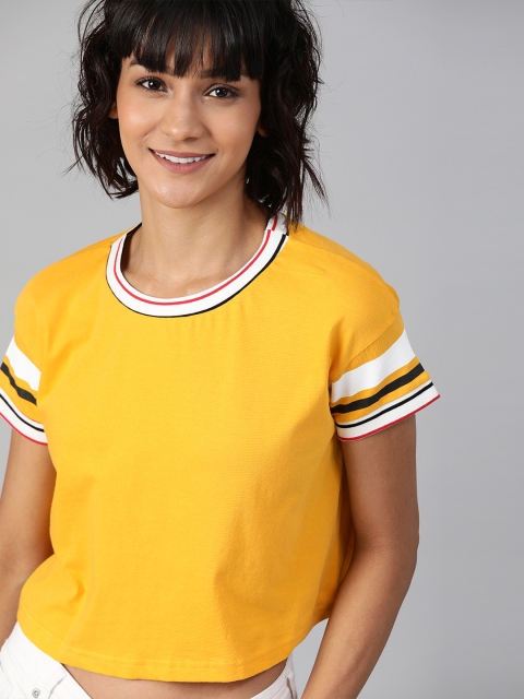 

HERE&NOW Women Mustard Yellow Solid Round Neck Crop T-shirt