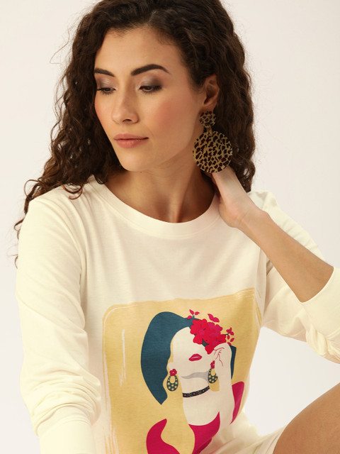 

Moda Rapido Women Cream-Coloured Graphic Printed Round Neck Longline T-shirt