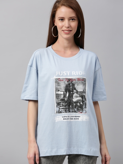 

HERE&NOW Women Blue Printed Round Neck T-shirt