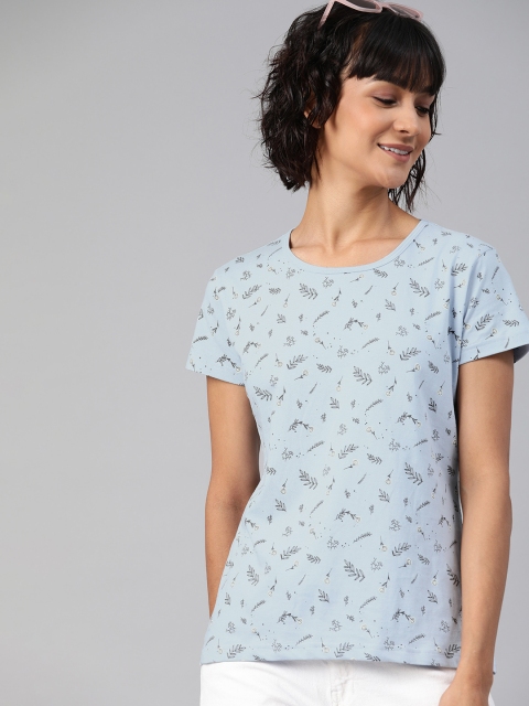 

HERE&NOW Women Blue Printed Round Neck T-shirt