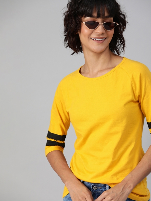 

HERE&NOW Women Yellow Solid Round Neck T-shirt