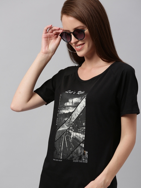 

HERE&NOW Women Black Printed Round Neck T-shirt