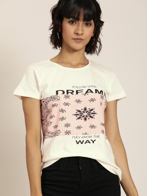 

Moda Rapido Women Off-White & Black Printed Round Neck T-shirt