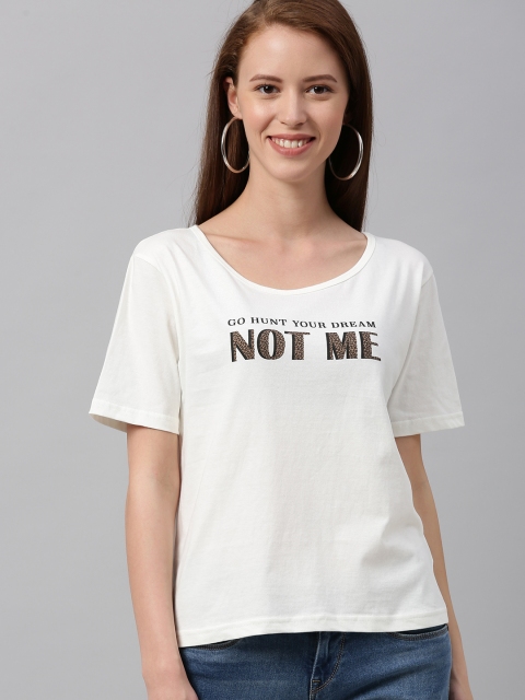 

HERE&NOW Women White Printed Round Neck T-shirt