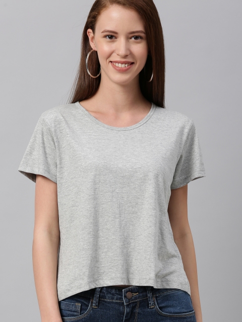 

HERE&NOW Women Grey Melange Solid Round Neck T-shirt