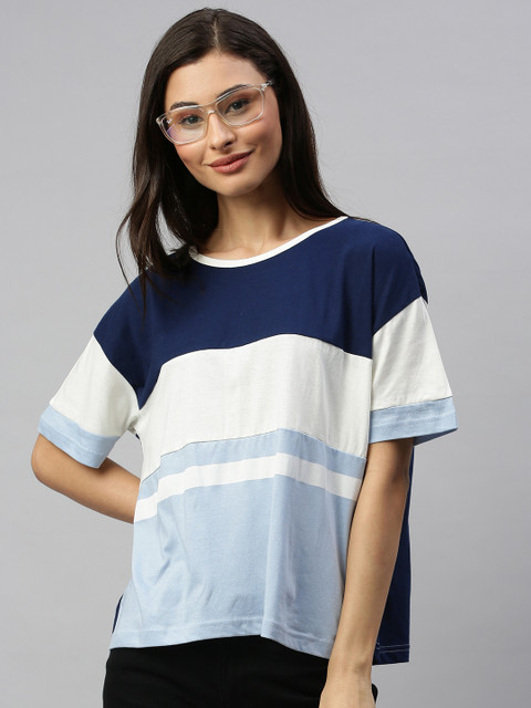 

HERE&NOW Women Blue & White Colourblocked Round Neck T-shirt