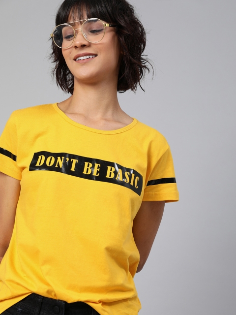 

HERE&NOW Women Yellow Printed Round Neck T-shirt