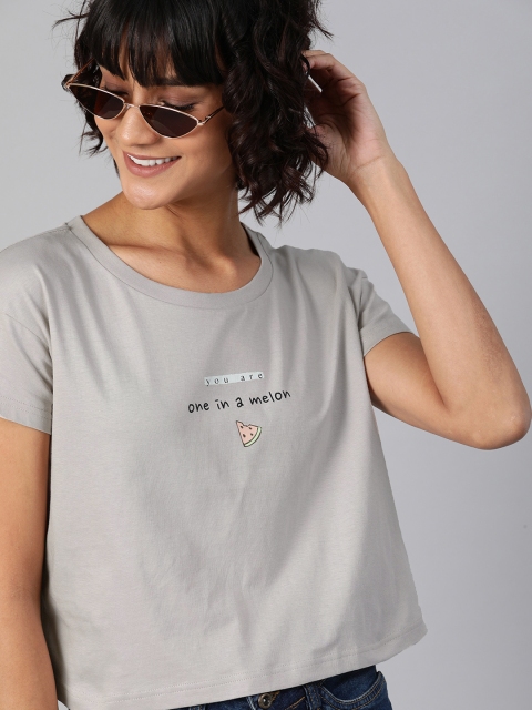 

HERE&NOW Women Grey Printed Round Neck T-shirt