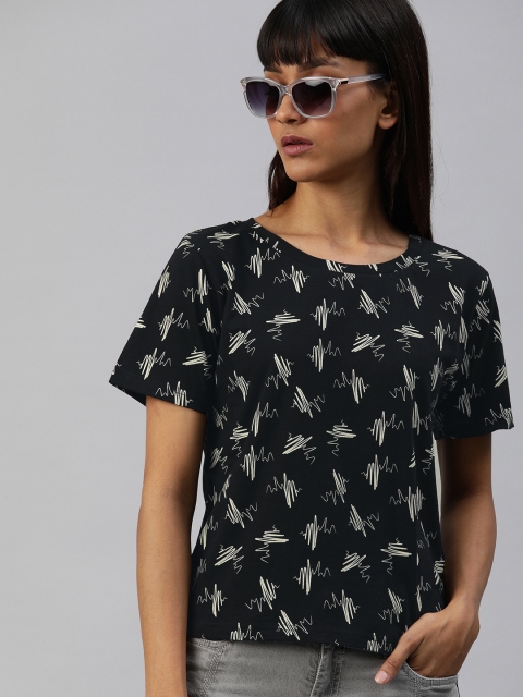 

HERE&NOW Women Black & White Printed Round Neck T-shirt