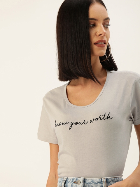 

Moda Rapido Women Grey Solid Round Neck Longline T-shirt with Embroidery