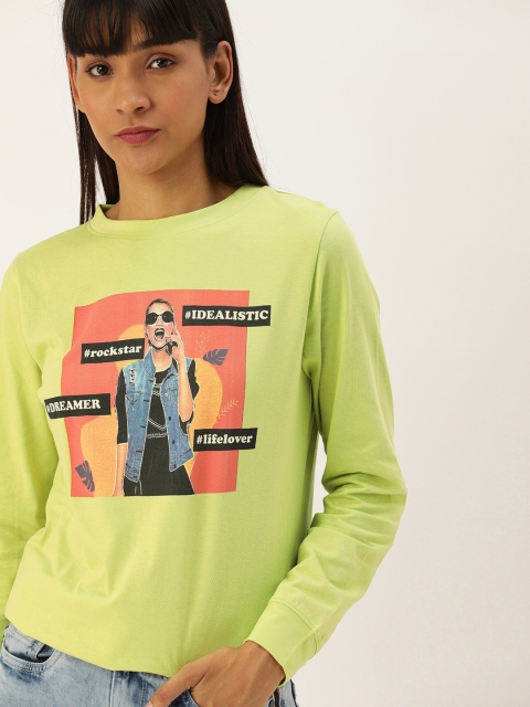 

Moda Rapido Women Fluorescent Green Graphic Printed Round Neck T-shirt