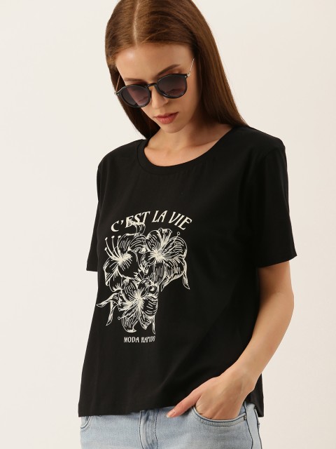 

Moda Rapido Women Black Printed Round Neck T-shirt