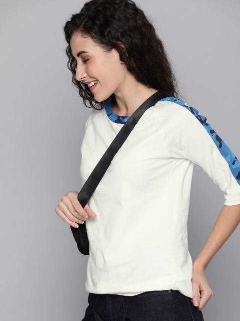 

HERENOW Women White Solid Round Neck Pure Cotton T-shirt with Camouflage Print on Sleeves