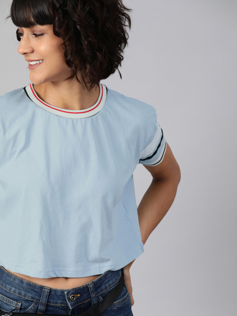 

HERE&NOW Women Blue Solid Round Neck Crop T-shirt