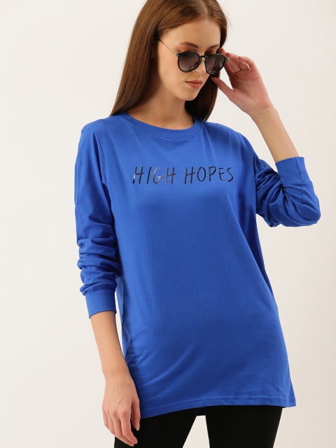 

Moda Rapido Women Blue Printed Round Neck Longline T-shirt