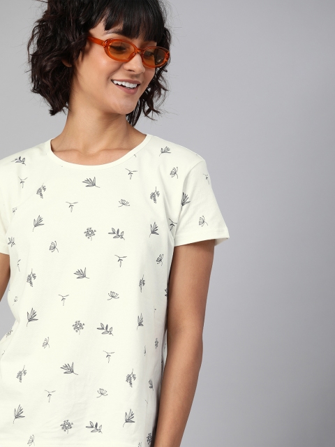

HERE&NOW Women Off-White Printed Round Neck T-shirt