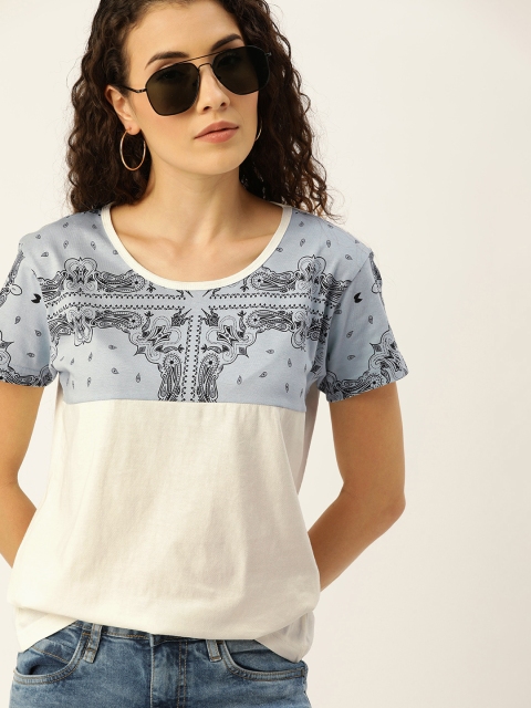 

Moda Rapido Women Off-White & Blue Printed Round Neck T-shirt