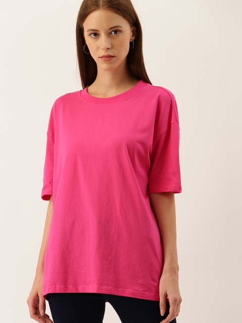 

Moda Rapido Women Pink Solid Round Neck Longline Boxy Pure Cotton T-shirt