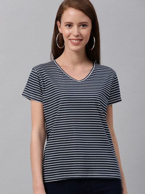 

HERENOW Women Navy Blue White Striped V-Neck Pure Cotton T-shirt