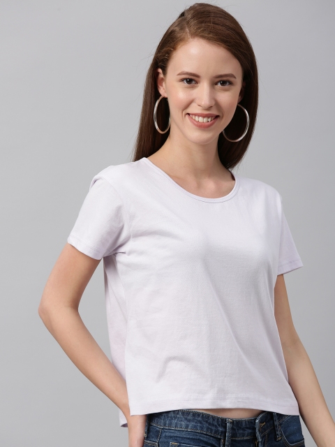 

HERE&NOW Women Lavender Solid Round Neck Crop T-shirt