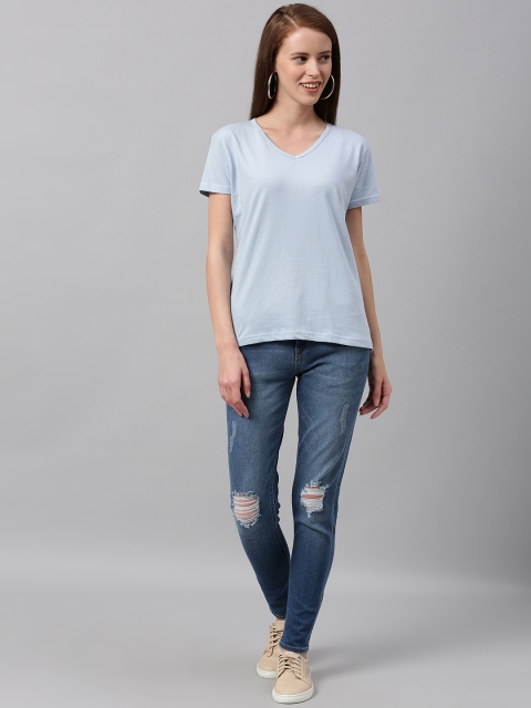 

HERENOW Women Blue Solid V-Neck Pure Cotton T-shirt