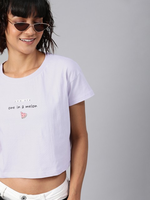 

HERE&NOW Women Lavender Solid Round Neck T-shirt