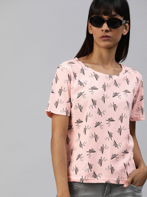

HERE&NOW Women Pink & Black Printed Round Neck T-shirt