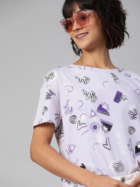 

HERE&NOW Women Lavender Printed Round Neck T-shirt